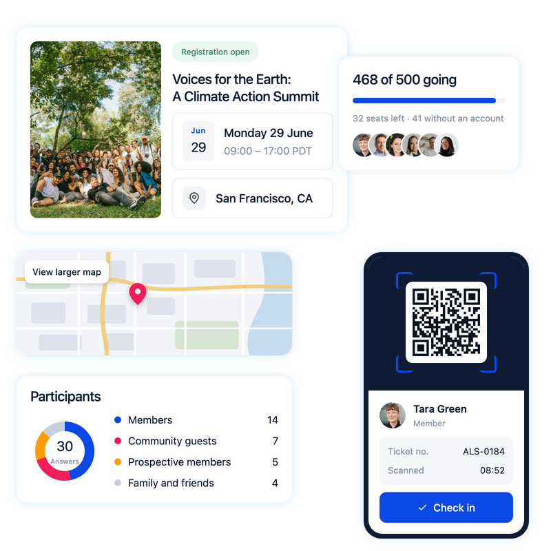 An Orgo event page with 468 of 500 going, the venue map, participants by type, and Tara Green's QR pass ready to check in