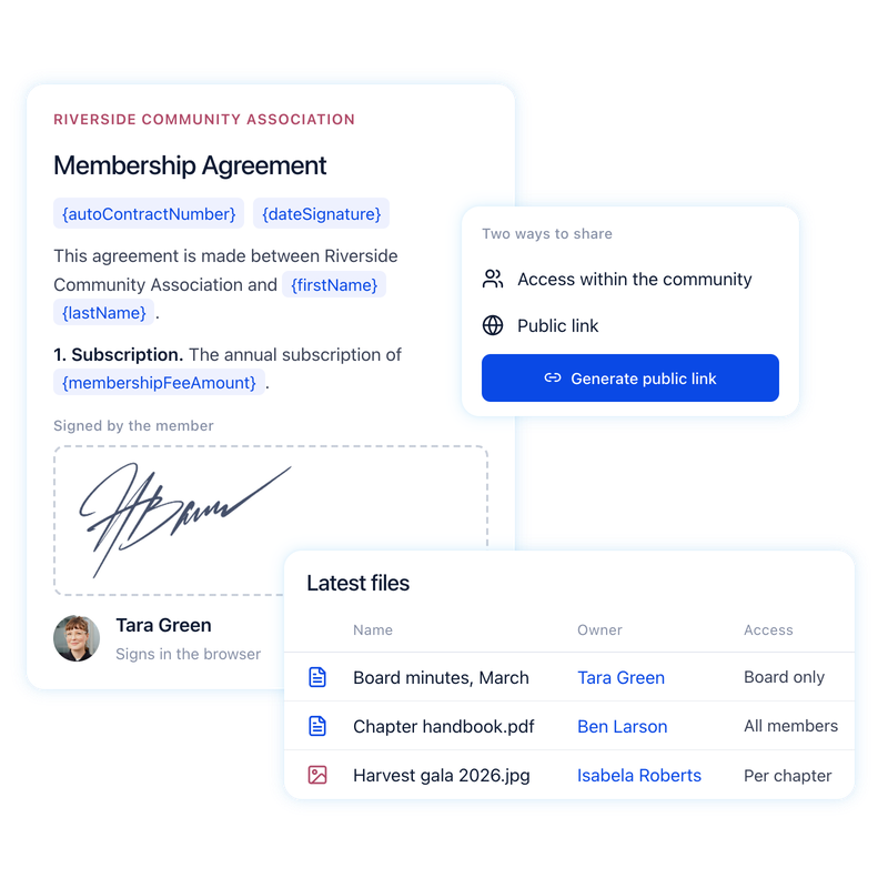 An Orgo membership agreement filling itself from the profile, signed on screen and filed in the drive