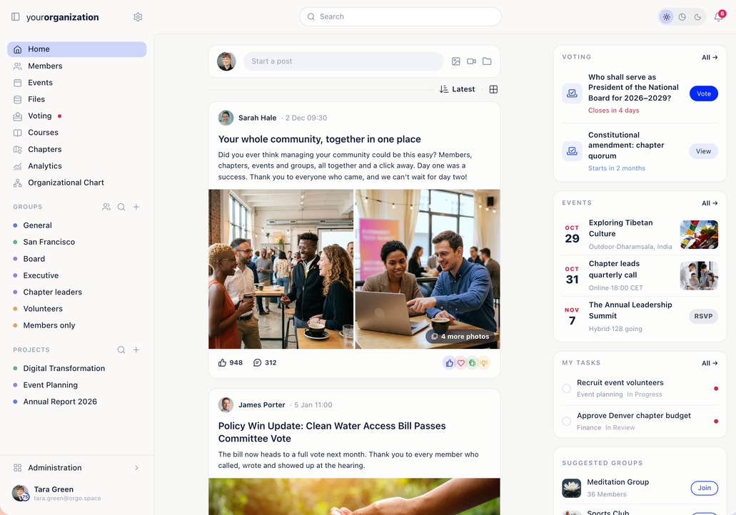 The Orgo home feed: a member's post with two event photos, likes and comments, and upcoming votes, events and tasks beside it