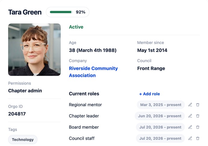 Tara Green's member profile in Orgo: photo, status, membership details, permissions, tags and current roles