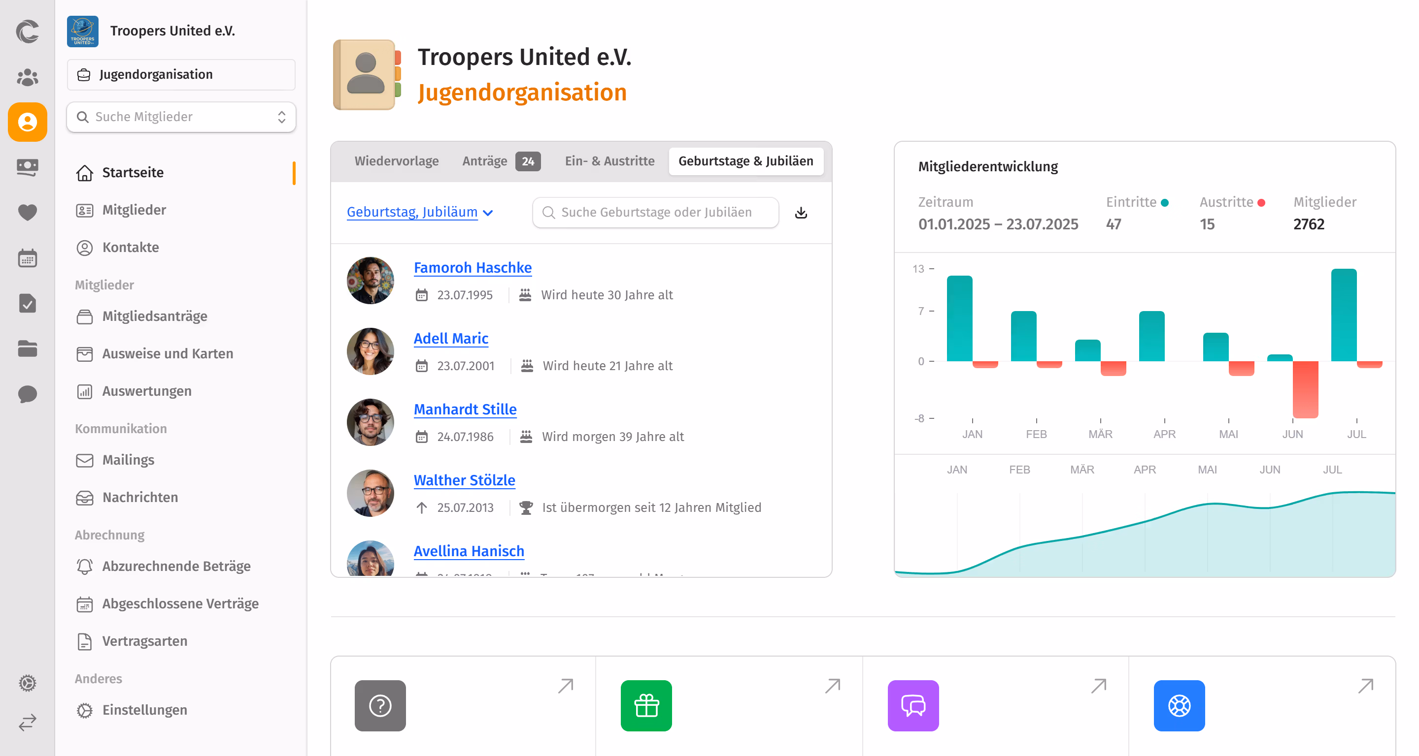 Administrationsoberfläche von campai mit Mitgliederübersicht, Beitragsstatus und Finanzübersicht im Dashboard