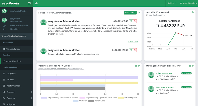 Administrationsoberfläche von easyVerein mit Dachverband-Navigation, Kontostand und Mitgliederstatistik nach Gruppe