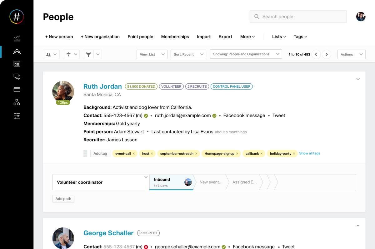 Tabloul de bord NationBuilder pentru gestionarea persoanelor