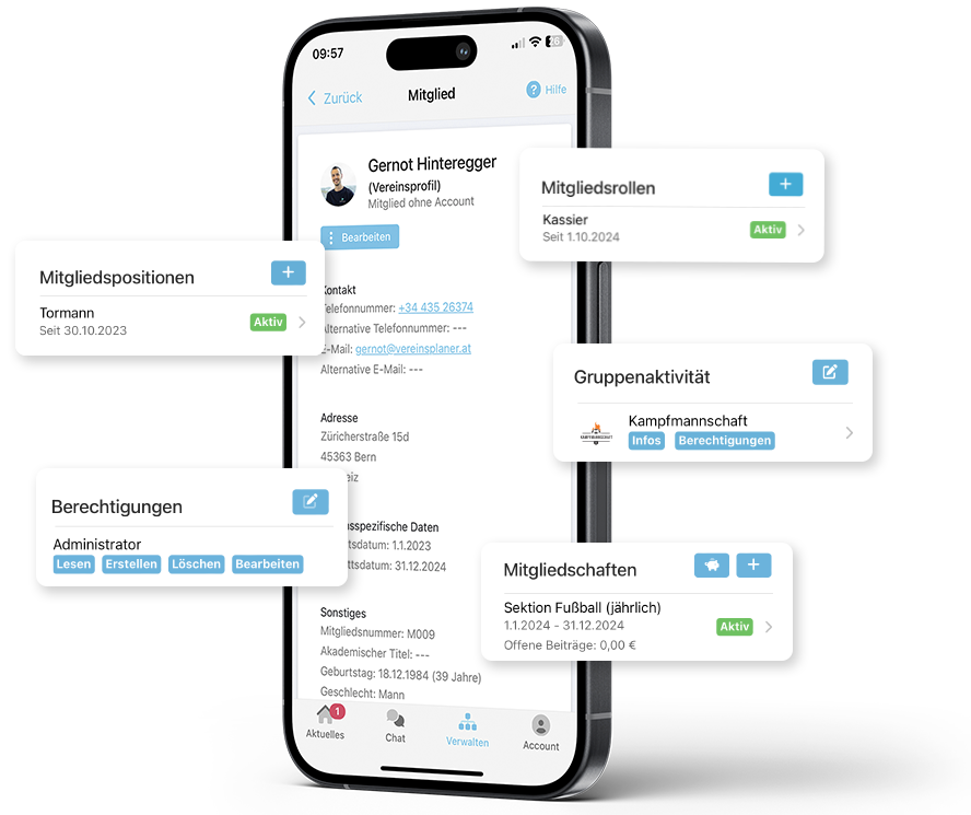 Mobile-App-Ansicht eines Mitgliedsprofils in Vereinsplaner, mit eingeblendeten Erklärhinweisen zu Mitgliedspositionen, Berechtigungen, Mitgliedsrollen, Gruppenaktivität und Mitgliedschaften