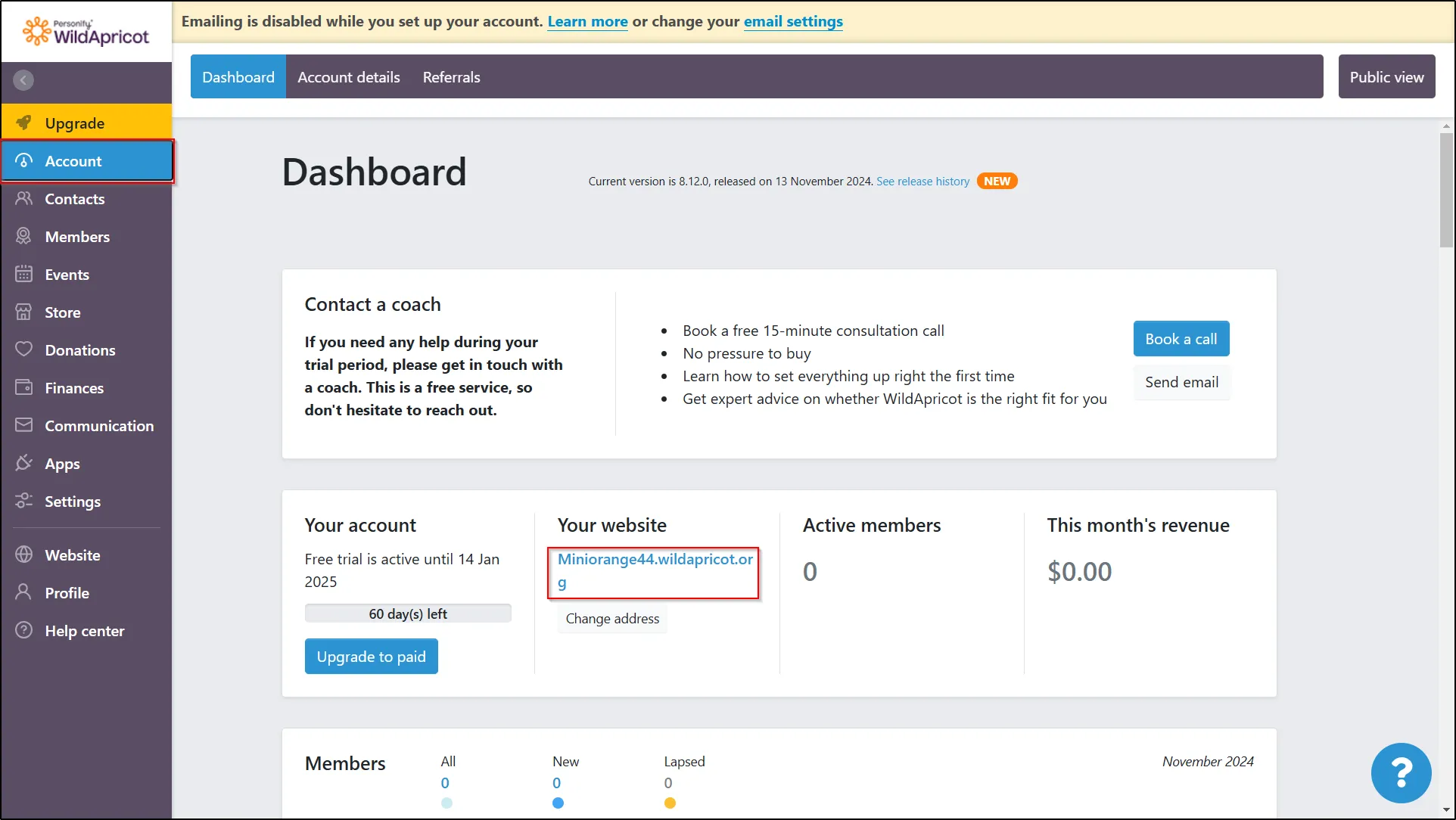 Wild Apricot admin dashboard