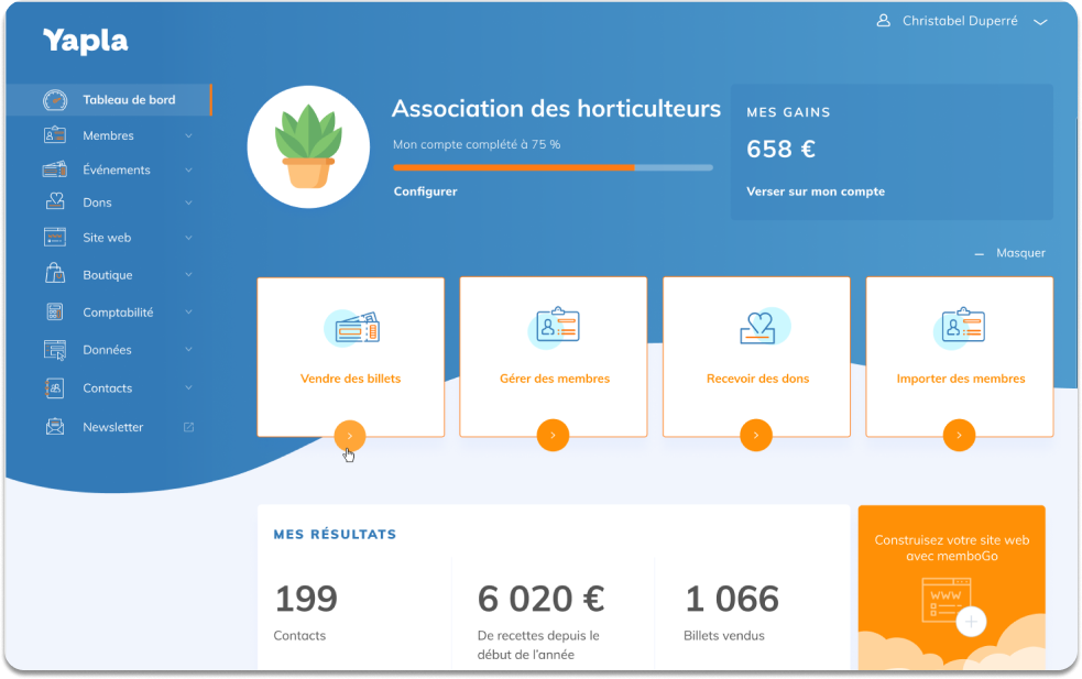 Tableau de bord de gestion associative Yapla