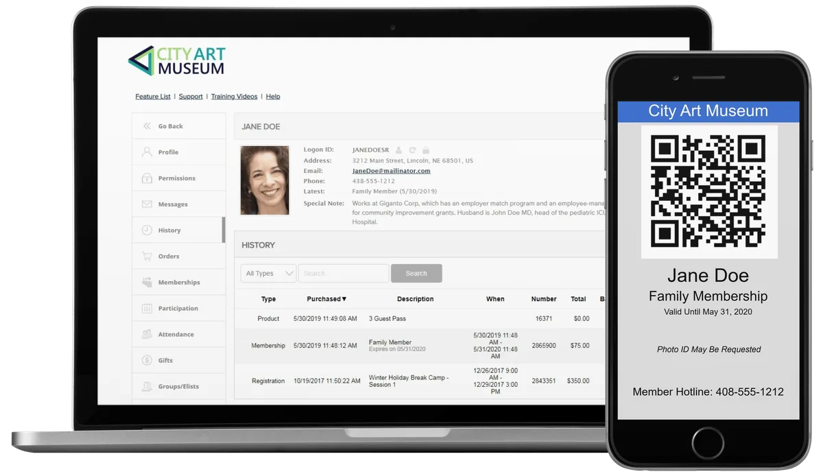 Doubleknot membership and event management interface showing member profile on desktop with digital membership card displayed on mobile