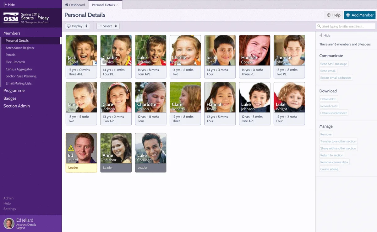 Online Scout Manager member directory showing scout photo cards with patrol roles, age, and section management tools including communications and attendance