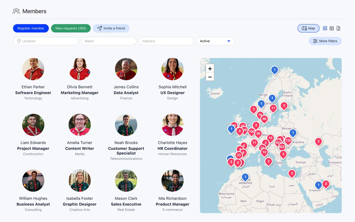 Orgo member management dashboard showing national scout member directory with scout profiles alongside a geographic map of member distribution across Europe