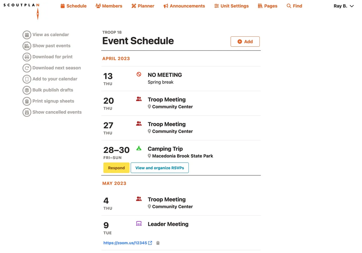 Scoutplan event schedule showing upcoming troop meetings and camping trips with dates, RSVP buttons, and calendar export options