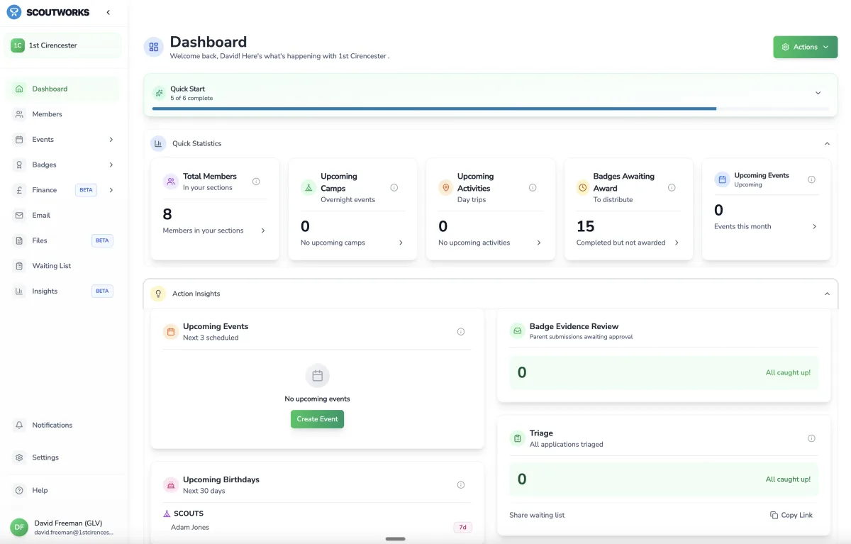 Scoutworks dashboard showing section statistics for total members, upcoming camps, activities, badges awaiting award, and action insights for a UK Scout group