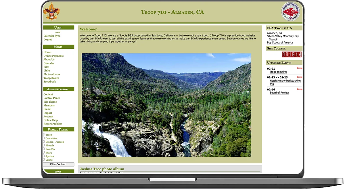 SOAR Online BSA troop portal showing homepage with upcoming events, patrol filter, member roster, and ScoutBook calendar sync navigation