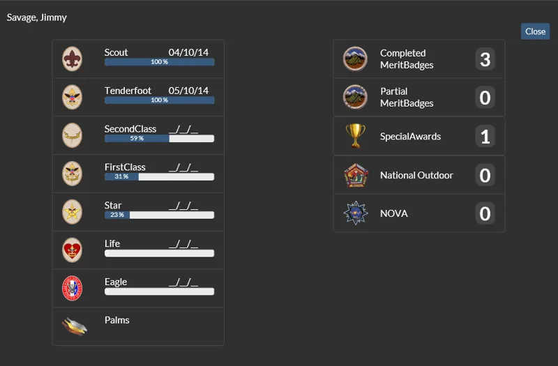 TroopMaster individual scout advancement record showing BSA rank progression from Scout to Eagle with completion percentages and merit badge counts