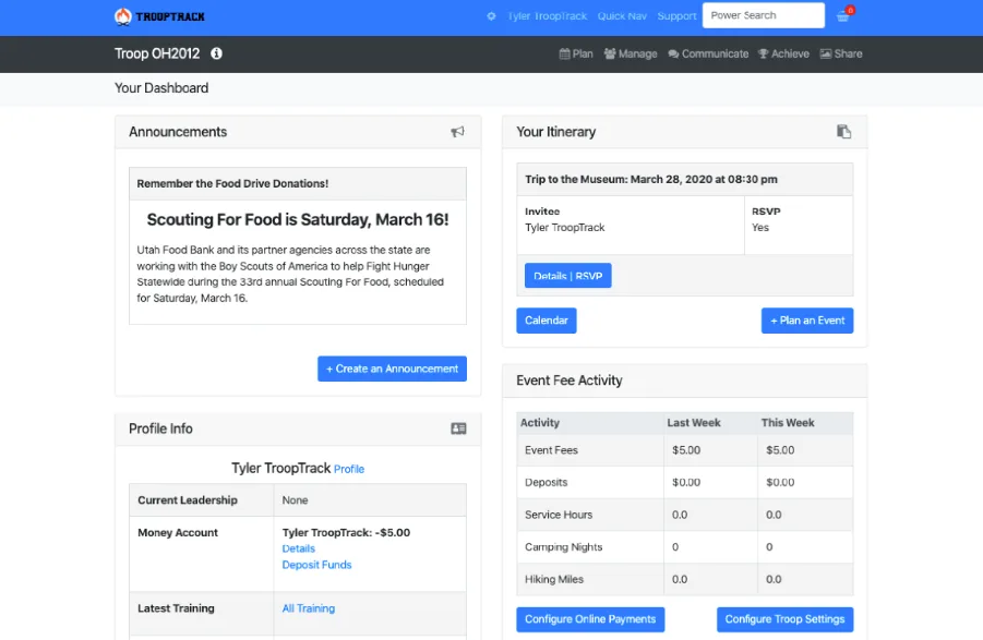 TroopTrack dashboard showing troop announcements, event itinerary with RSVP, and scout financial account activity