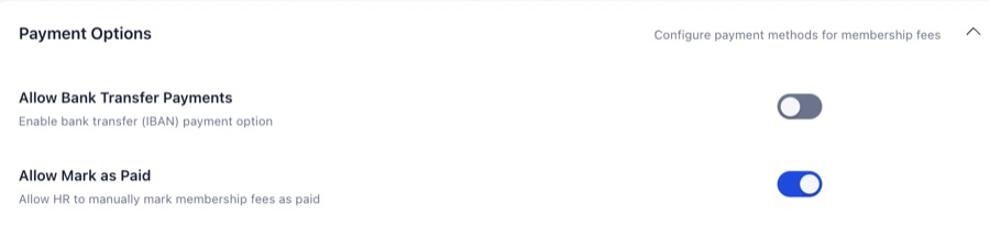 Setările opțiunilor de plată Orgo, afișând comutatoarele de configurare pentru transfer bancar și marcare-ca-plătit