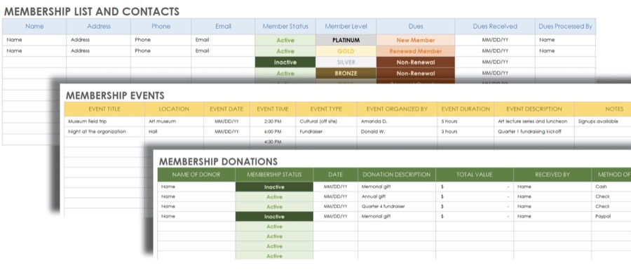 Lista de membri și foaie de calcul de contacte cu statusul membrilor, cotizațiile și urmărirea donațiilor pe mai multe file