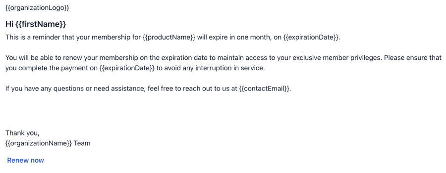 Șablon de e-mail de memento pentru reînnoire Orgo, afișând variabile de personalizare pentru numele membrului, numele produsului, data de expirare și un îndemn la acțiune Reînnoiește acum