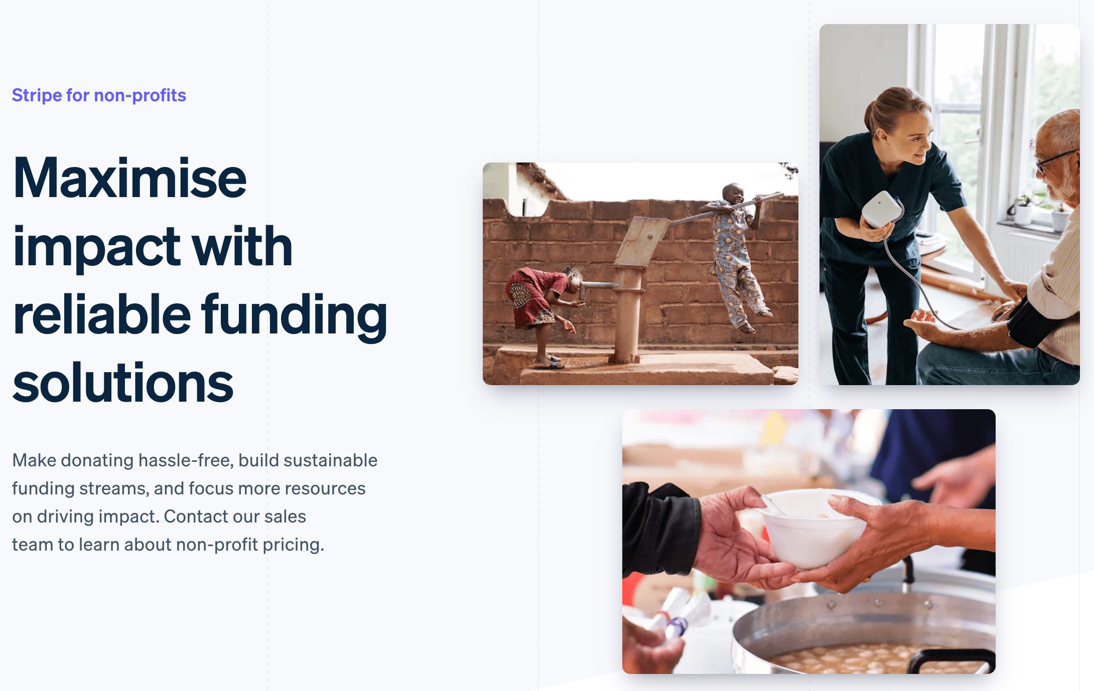 Stripe for non-profits landing page with headline 'Maximise impact with reliable funding solutions'