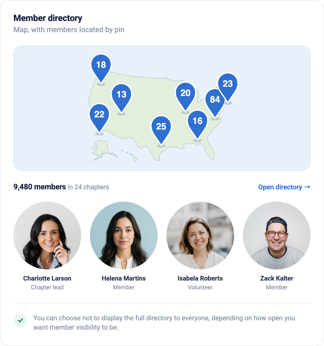 Member directory map view in Orgo, with members located by pin