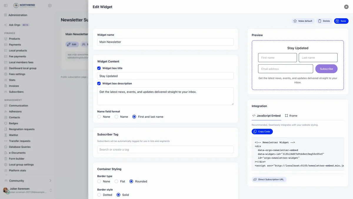 The Edit Widget panel in Orgo showing a widget name field, Widget Content with a ticked widget box title reading Stay Updated and a ticked description, Name field format radio buttons for None, Name and First and last name, a Subscriber Tag search box, Container Styling border options, and on the right a live preview of the subscribe form beside an Integration panel with JavaScript Embed and Iframe tabs, a Copy Code button, the embed snippet and a Direct Subscription URL button