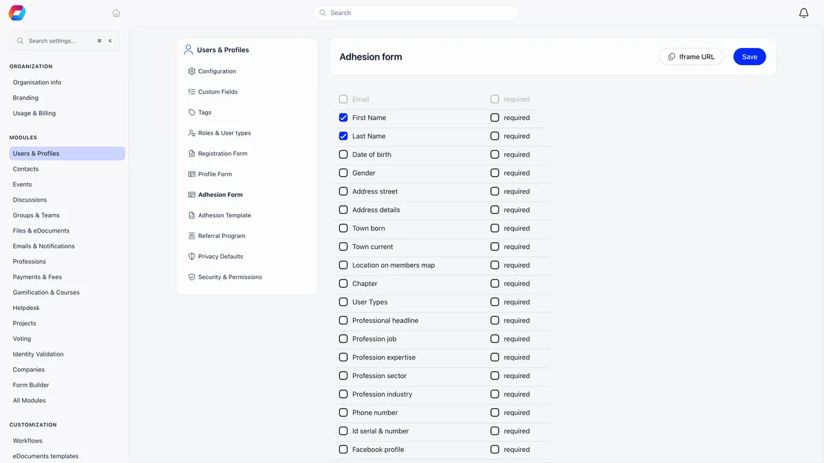 The Adhesion form builder listing built-in profile fields down the page, Email locked at the top, First Name and Last Name ticked to include, then Date of birth, Gender, Address, Town, Chapter, User Types, the profession fields, Phone number, Id serial and number and Facebook profile, each with an include checkbox on the left and a required checkbox on the right