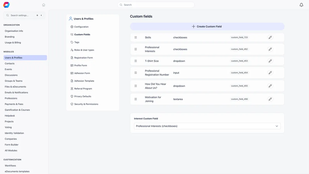The Custom fields settings page with a Create Custom Field button above a list of six fields: Skills and Professional Interests as checkboxes, T-Shirt Size and How Did You Hear About Us as dropdowns, Professional Registration Number as an input and Motivation for Joining as a textarea, each row carrying a drag handle, a custom_field reference tag and an edit pencil, with an Interest Custom Field selector below the list