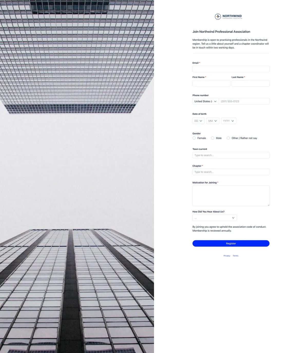 The public registration page in side panel layout, with a photograph of a glass tower on the left and the form on the right headed Join Northwind Professional Association, containing email, first and last name, phone number with a country selector, date of birth, gender radio buttons, town, chapter, a Motivation for Joining textarea and a How Did You Hear About Us dropdown above a blue Register button
