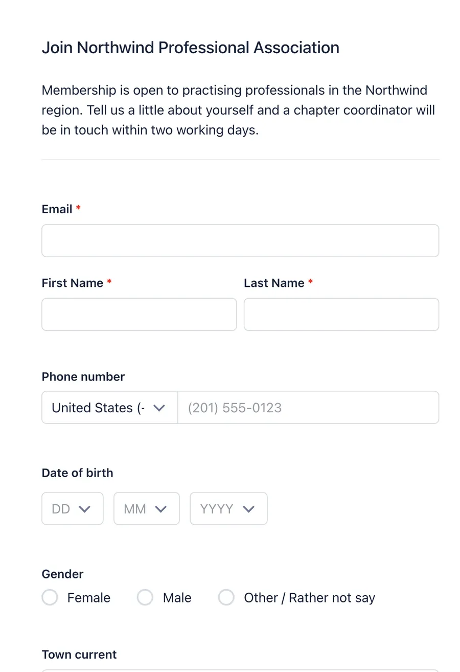 Public registration page showing the organisation heading and intro text above email, first and last name, phone number, date of birth, gender, town and chapter fields