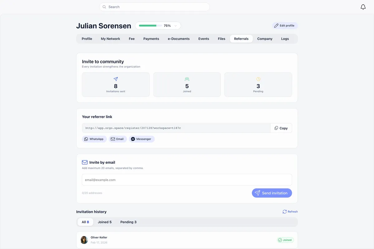 Referrals tab on a member profile showing counters for 8 invitations sent, 5 joined and 3 pending, a personal referrer link with copy and share buttons, an invite by email box and the invitation history