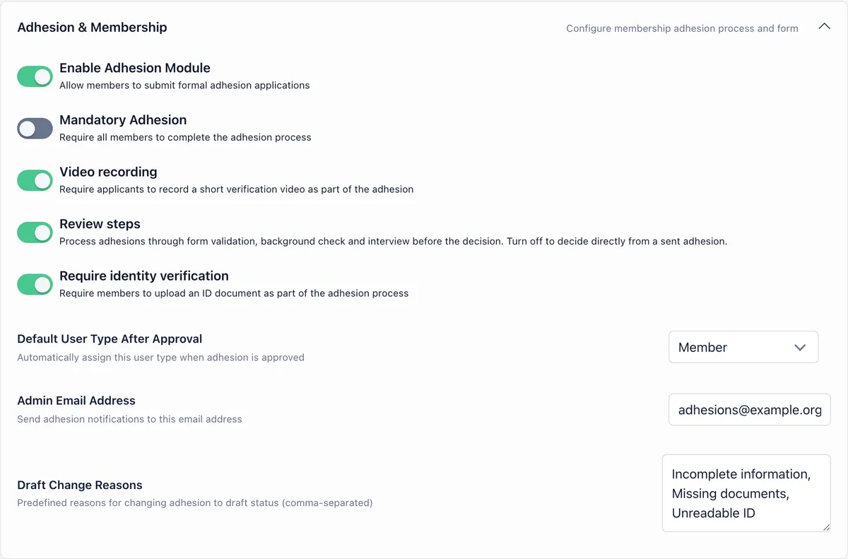 Adhesion and Membership settings with Enable Adhesion Module on, Mandatory Adhesion off, Video recording on, Review steps on and Require identity verification on, plus Default User Type After Approval set to Member, an Admin Email Address, and a Draft Change Reasons box listing Incomplete information, Missing documents and Unreadable ID