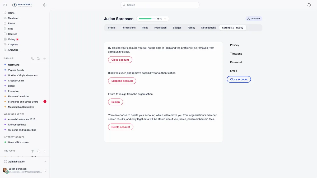 Settings and Privacy tab of a member profile showing Close account, Suspend account, Resign and Delete account buttons, each with a line of text explaining what it does