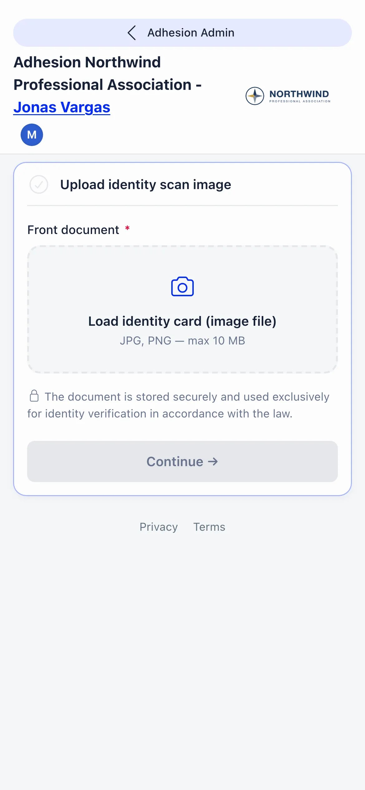 The member's own adhesion page on a phone, headed with the organisation name and the applicant's name, showing the Upload identity scan image step with a Front document area reading Load identity card, JPG, PNG, max 10 MB, a note that the document is stored securely and used for identity verification, and a Continue button