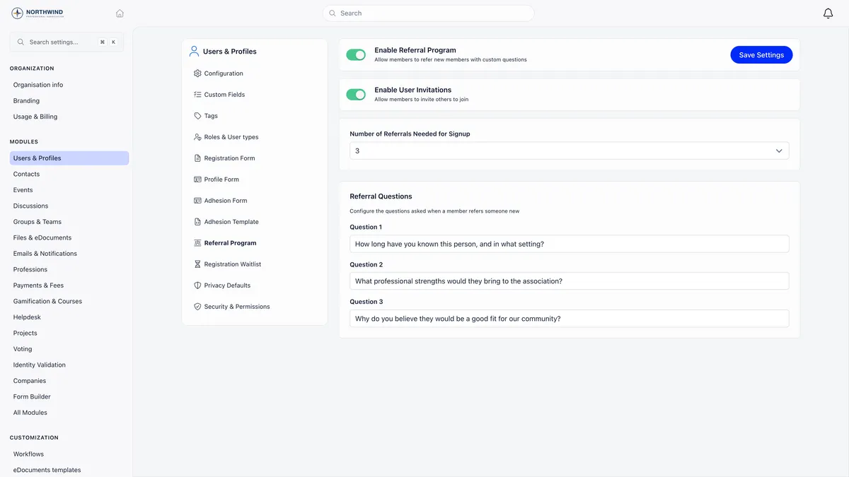 Referral Program settings with Enable Referral Program on, Enable User Invitations on, Number of Referrals Needed for Signup set to 3, and three referral question boxes asking how long the voucher has known the person, what strengths they would bring and why they are a good fit