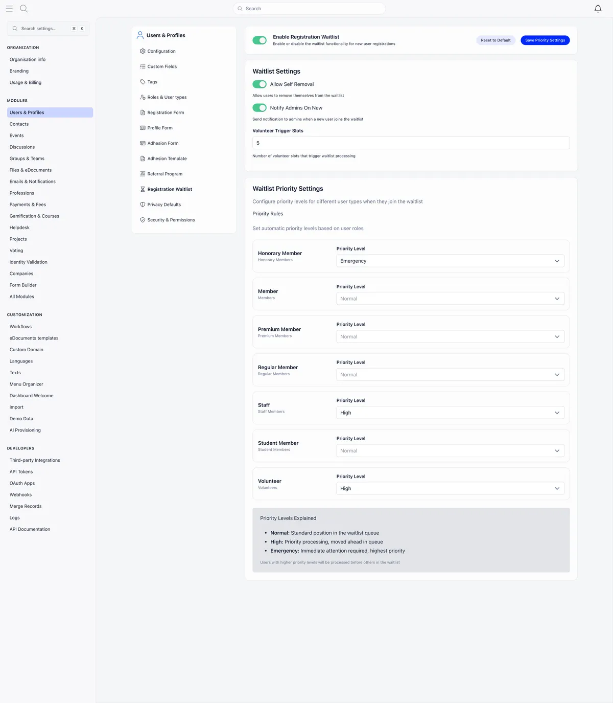 Registration Waitlist settings with Enable Registration Waitlist on, Allow Self Removal on, Notify Admins On New on, Volunteer Trigger Slots set to 5, and a Waitlist Priority Settings block giving each user type a priority level, with Honorary Member on Emergency, Staff and Volunteer on High and the rest on Normal