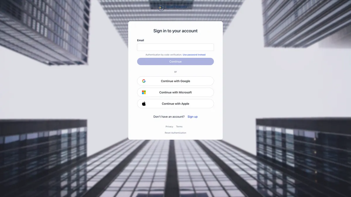 Orgo sign-in screen headed Sign in to your account with an email field, a note reading authentication by code verification with a link to use a password instead, a Continue button, and Continue with Google, Microsoft and Apple options over a branded background