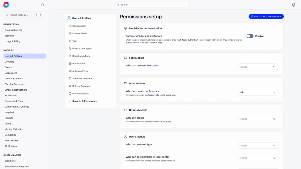 Permissions setup settings screen with an Enforce MFA for administrators switch that prompts admins every 48 hours, and per-module minimum access level dropdowns including who can see user fee status, who can create public posts in the drive, who can create groups, who can see user type and who can see members in a local center