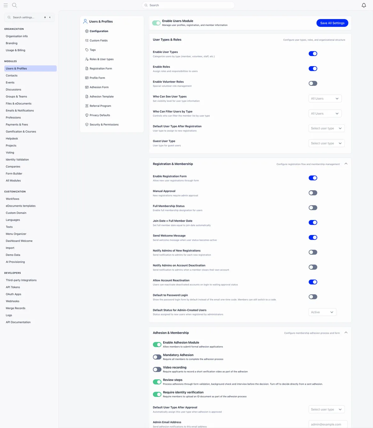 Users and Profiles configuration settings with a User Types and Roles card carrying Enable User Types, Enable Roles and Enable Volunteer Roles switches alongside who can see and filter user types and the default user type after registration, above a Registration and Membership card of switches for the registration form, manual approval, welcome messages and account reactivation