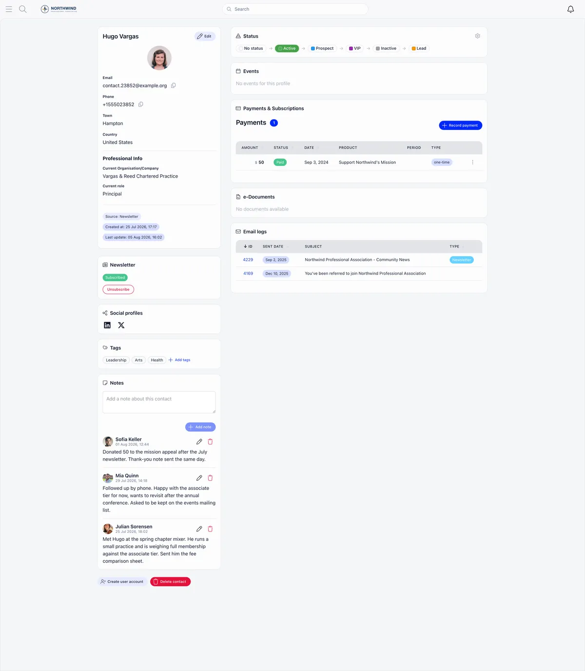 Contact record for Hugo Vargas showing email, phone, town and professional info, a Source Newsletter tag, a Newsletter card holding a green Subscribed pill above a red Unsubscribe button, tags and a notes thread, beside a status pipeline, an empty events panel, a payments panel with one paid 50 dollar donation, and an email logs table with two rows