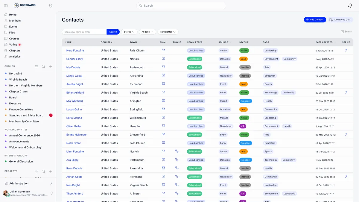 Contacts directory with an Add Contact button, a Download CSV button, a search box and Status, All tags and Newsletter filters, above a table whose Newsletter column carries green Subscribed and grey Unsubscribed pills, a Source column reading Import, Donation, Manual, Newsletter, Event or Form, and a Status column of Active, Lead, Inactive, Prospect and VIP badges