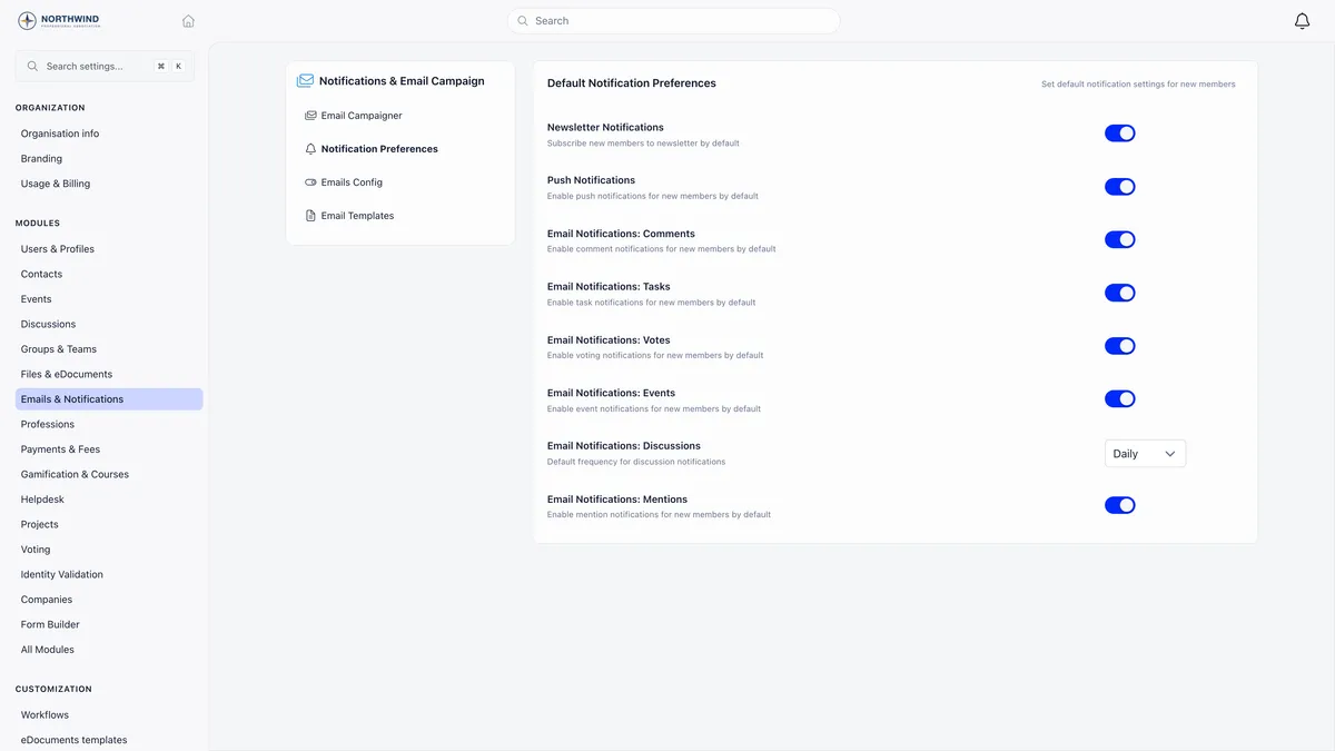 Default Notification Preferences settings page noting that it sets default notification settings for new members, with Newsletter Notifications described as subscribe new members to newsletter by default and switched on, followed by Push, Comments, Tasks, Votes and Events toggles, a Discussions frequency set to Daily and Mentions