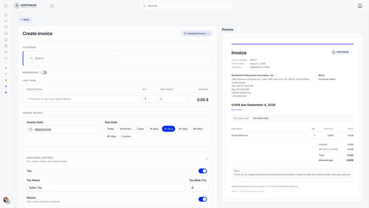 Create invoice form beside a live document preview whose totals block reads Subtotal, then a VAT row labelled 6 percent with the base it applied to, then Total and Amount due, with the form's Additional options showing a Tax switch set to Sales Tax at 6 percent