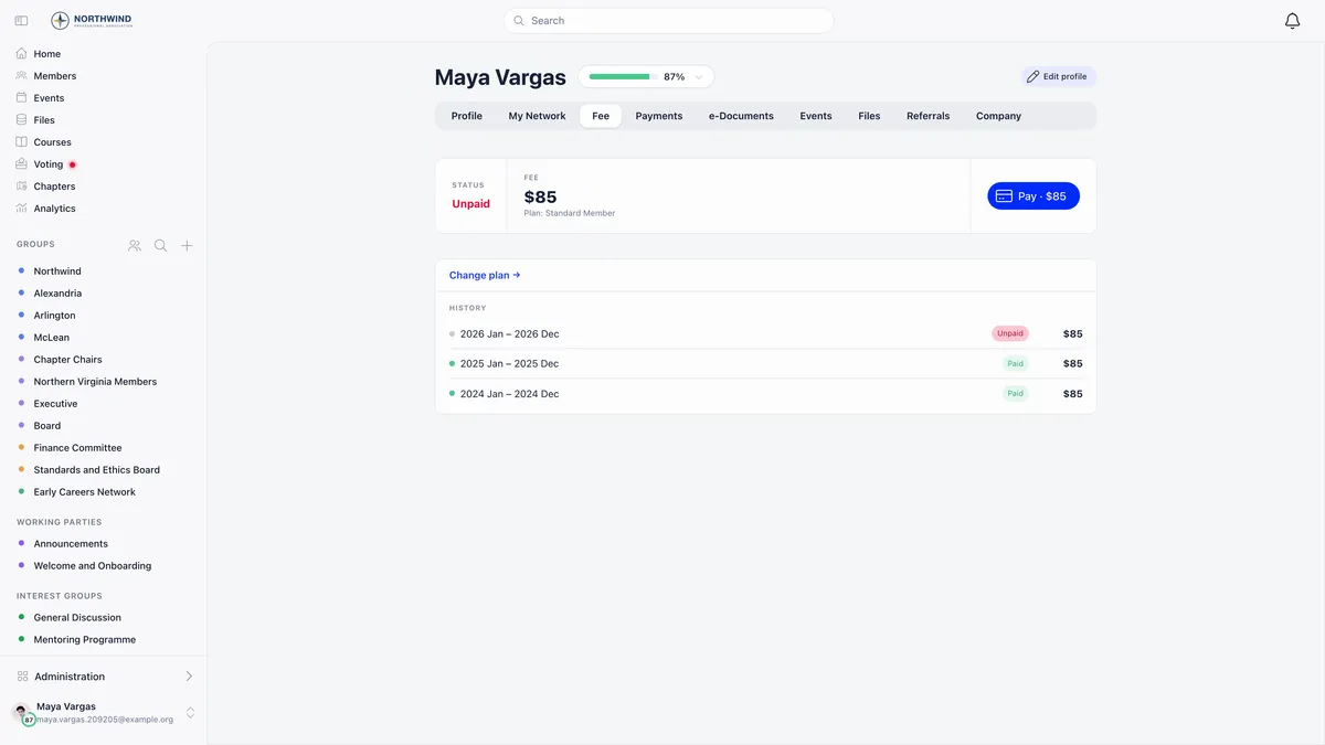 A member's own Fee tab showing status Unpaid, a fee of 85 dollars on the Standard Member plan, a blue Pay 85 dollars button, a Change plan link and a payment history listing 2026 unpaid and 2025 and 2024 paid