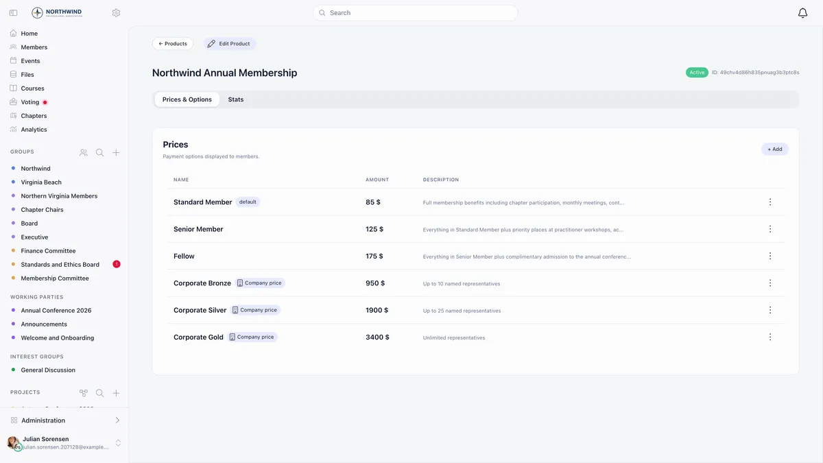 A membership fee product named Northwind Annual Membership on its Prices and Options tab, listing six prices from Standard Member at 85 dollars marked default through Corporate Gold at 3400 dollars, three of them tagged Company price, each with its own description and row menu