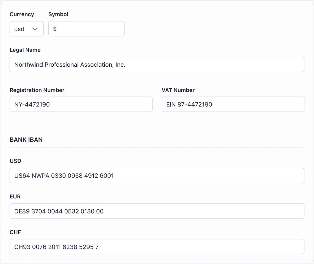 The financial section of the organisation info settings with a currency of usd and its symbol, a legal name, a Registration Number, a VAT Number field reading EIN 87-4472190, and bank IBAN fields for USD, EUR and CHF