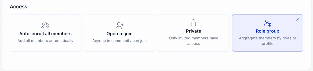 The Access selector on the new group form showing four cards side by side: Auto-enroll all members, Open to join, Private, and Role group which is selected and ticked