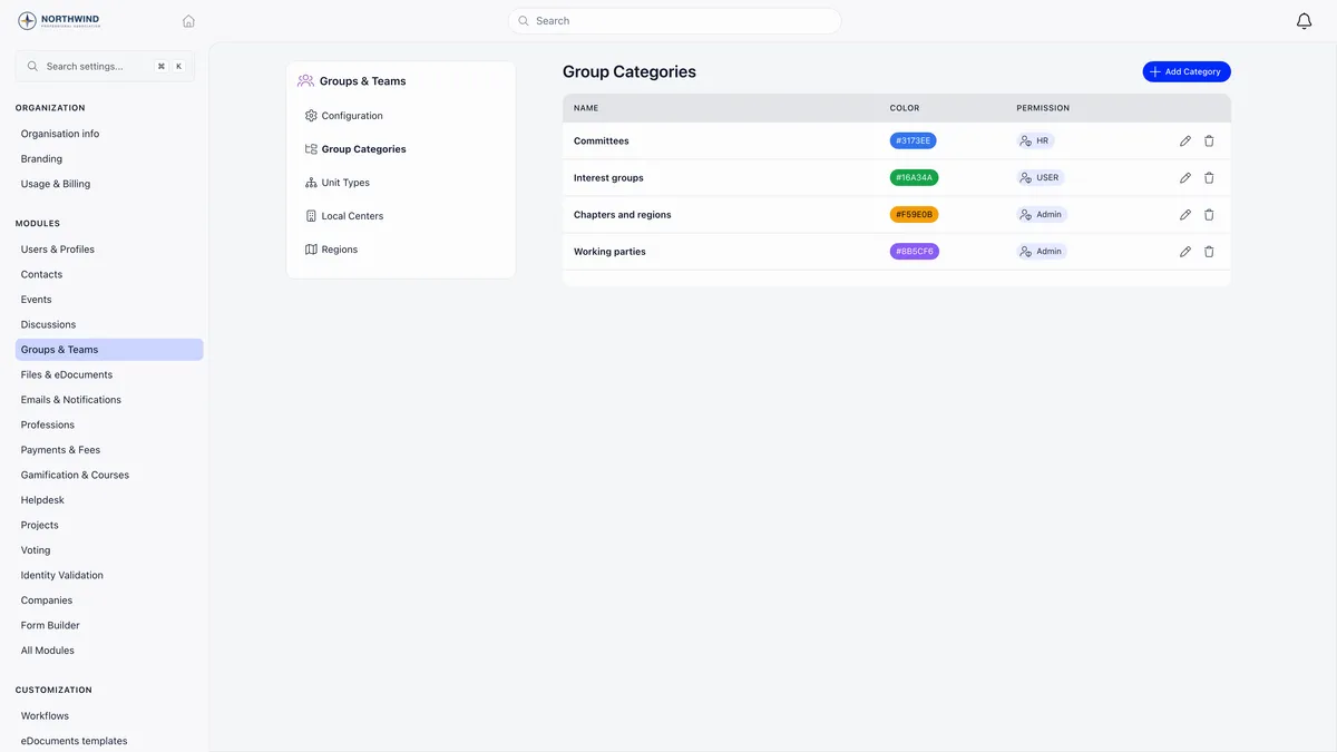 Group Categories settings listing Committees, Interest groups, Chapters and regions and Working parties, each with a colour swatch and the permission required to create a group in it, ranging from USER to HR to Admin