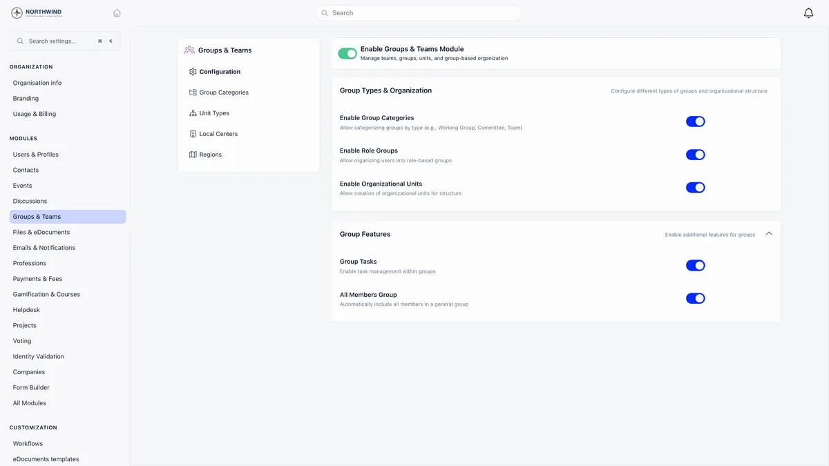 Groups and Teams module settings showing the Enable Groups and Teams Module master switch, a Group Types and Organization section with Enable Group Categories, Enable Role Groups and Enable Organizational Units, and a Group Features section with Group Tasks and All Members Group