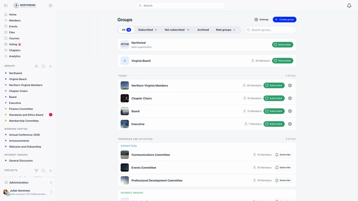 Orgo Groups page with tabs for All, Subscribed, Not subscribed, Archived and Role groups, showing the organisation space, the member's chapter, a Teams section listing four role groups with gear icons, and a Programs and activities section grouped by category