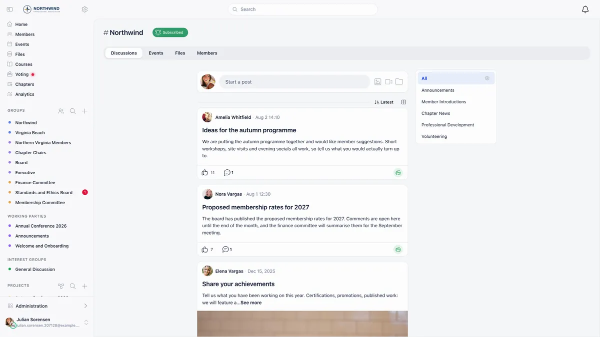 The Northwind organisation space showing Discussions, Events, Files and Members tabs, a post composer, three published discussions, and a category list on the right with All, Announcements, Member Introductions, Chapter News, Professional Development and Volunteering