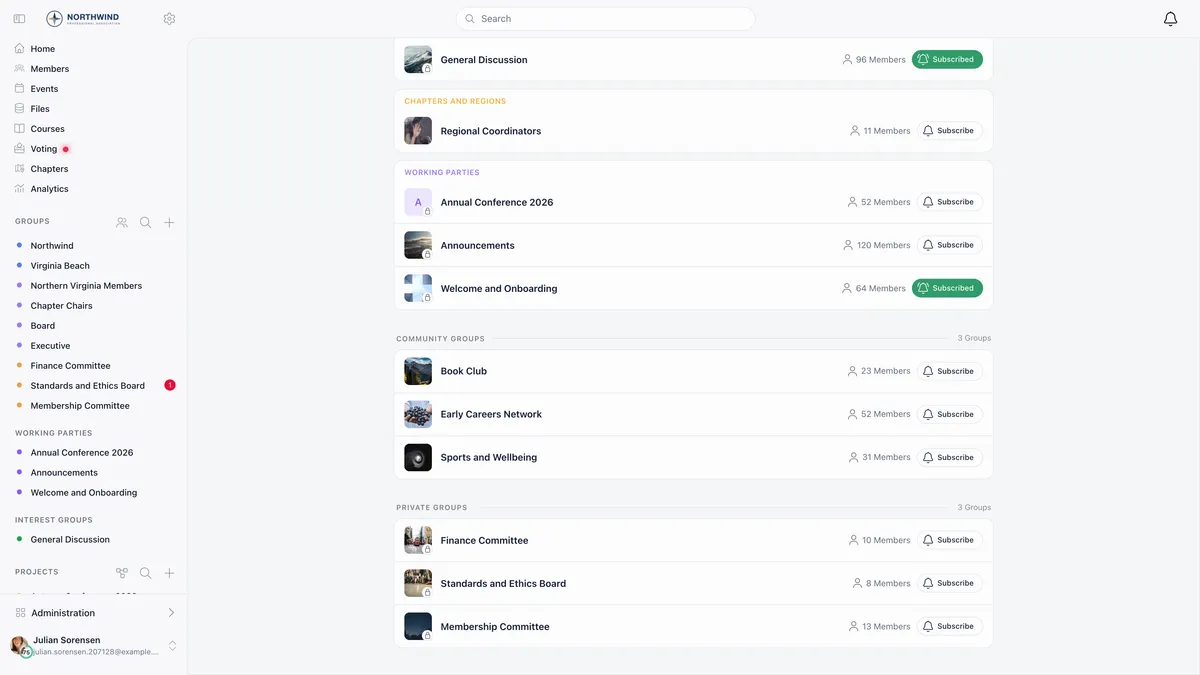 Lower part of the Groups page showing category sections for Chapters and regions and Working parties, then a Community groups section with three groups and a Private groups section with Finance Committee, Standards and Ethics Board and Membership Committee, each carrying a padlock badge